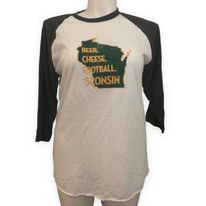 NWOT Wisconsin | Beer, Cheese & Football 3/4-Sleeve White & Green T-Shirt | Sz L
